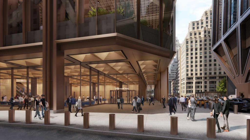 Illustration of entry 383 Madison Ave with people walking from.
